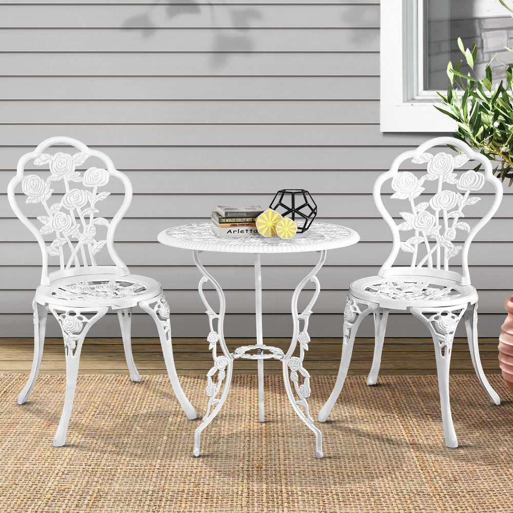 Marlook 3PC Outdoor Setting Bistro Set Chairs Table Cast Aluminum Patio Furniture Rose White