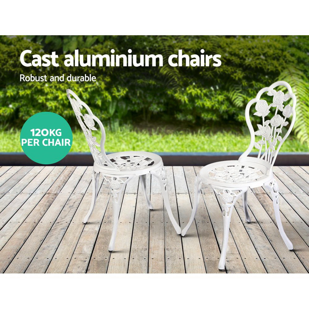 Marlook 3PC Outdoor Setting Bistro Set Chairs Table Cast Aluminum Patio Furniture Rose White