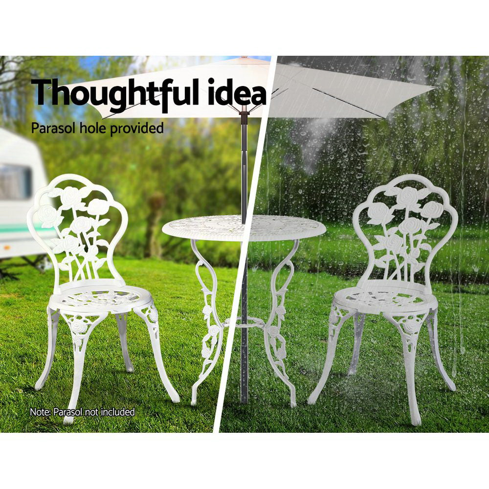 Marlook 3PC Outdoor Setting Bistro Set Chairs Table Cast Aluminum Patio Furniture Rose White