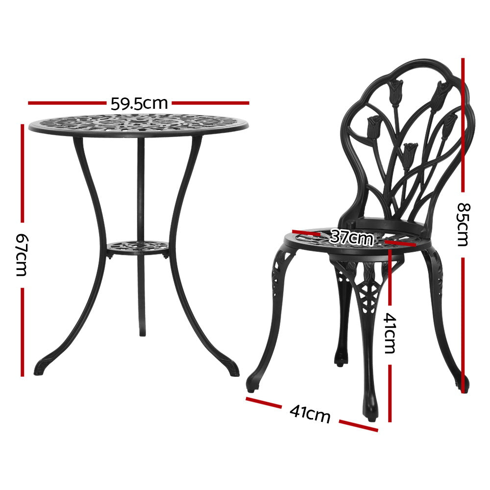 Marlook 3PC Outdoor Setting Bistro Set Chairs Table Cast Aluminum Patio Furniture Tulip Black