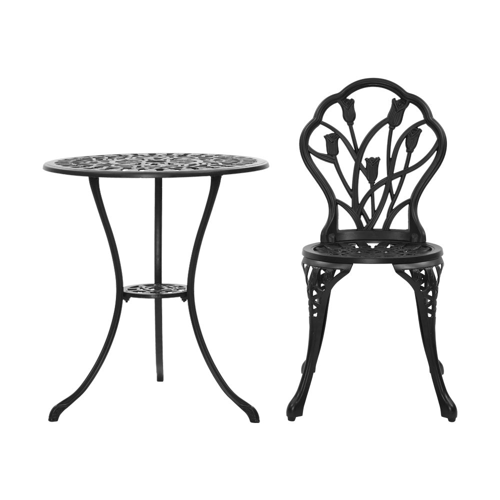 Marlook 3PC Outdoor Setting Bistro Set Chairs Table Cast Aluminum Patio Furniture Tulip Black