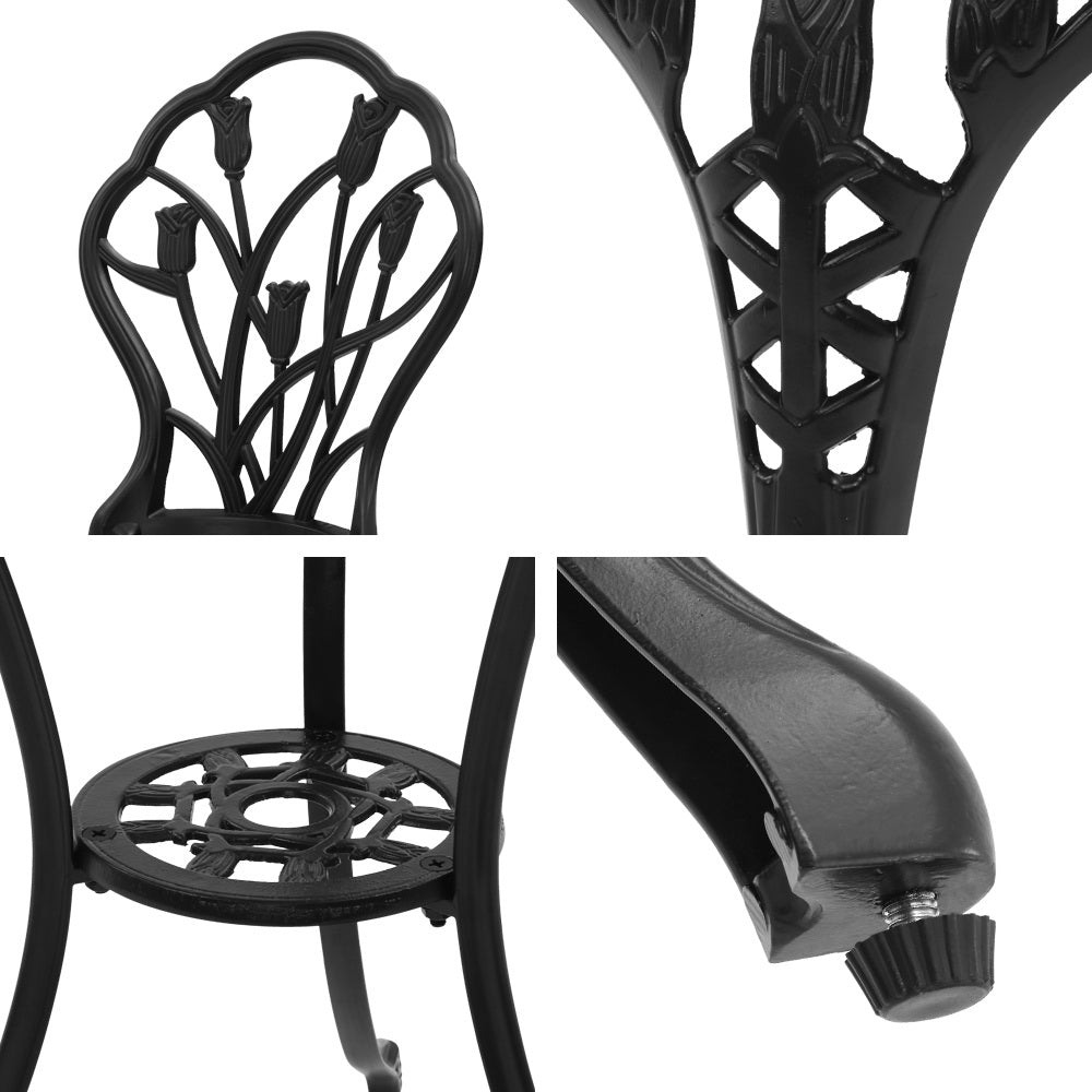 Marlook 3PC Outdoor Setting Bistro Set Chairs Table Cast Aluminum Patio Furniture Tulip Black