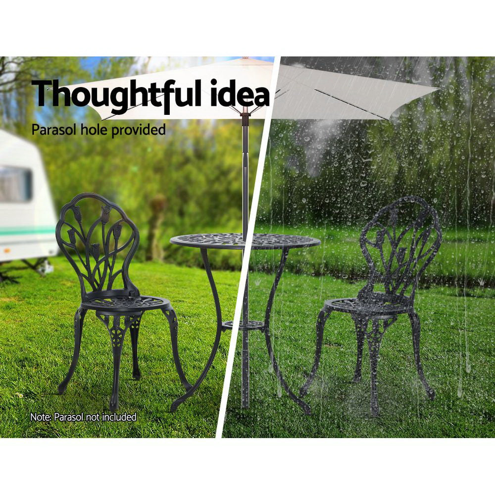 Marlook 3PC Outdoor Setting Bistro Set Chairs Table Cast Aluminum Patio Furniture Tulip Black