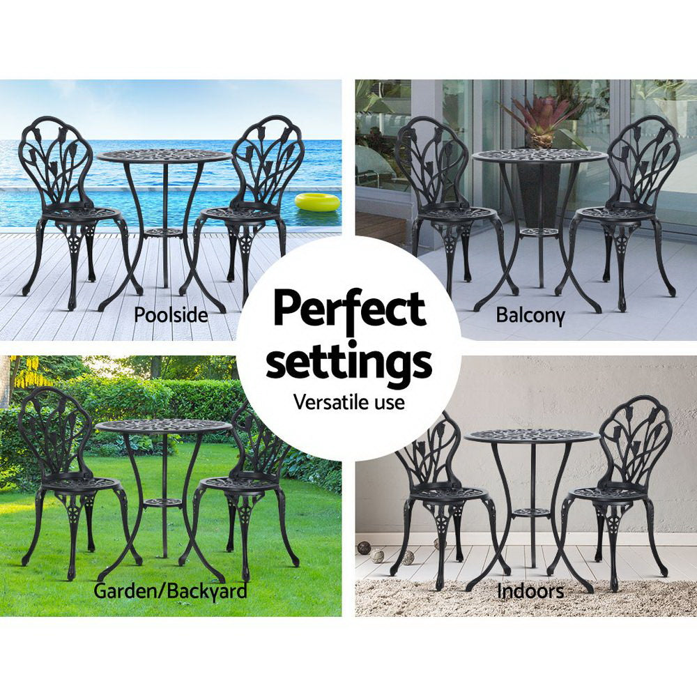 Marlook 3PC Outdoor Setting Bistro Set Chairs Table Cast Aluminum Patio Furniture Tulip Black