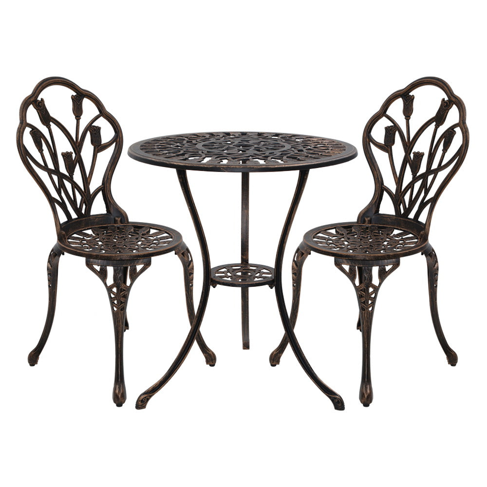 Marlook 3PC Outdoor Setting Bistro Set Chairs Table Cast Aluminum Patio Furniture Tulip Bronze