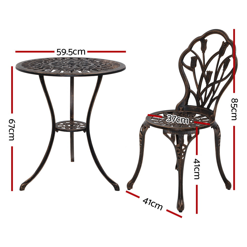Marlook 3PC Outdoor Setting Bistro Set Chairs Table Cast Aluminum Patio Furniture Tulip Bronze