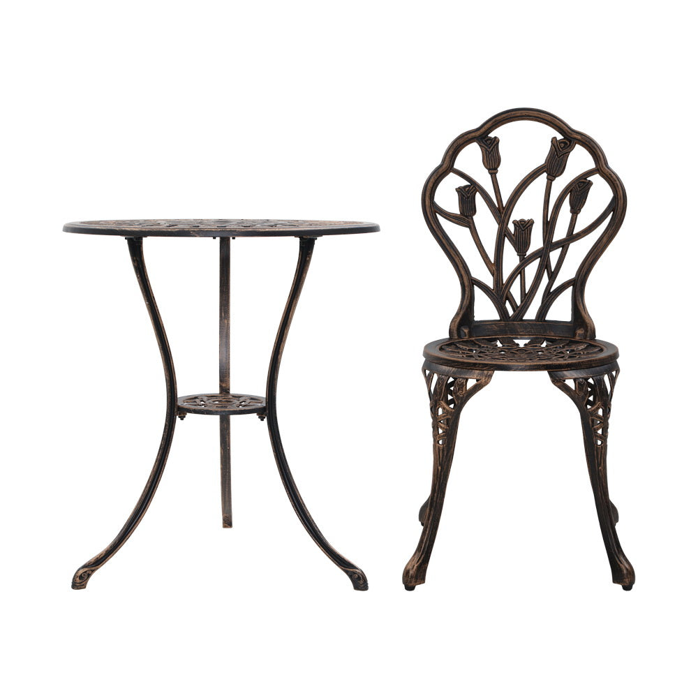 Marlook 3PC Outdoor Setting Bistro Set Chairs Table Cast Aluminum Patio Furniture Tulip Bronze