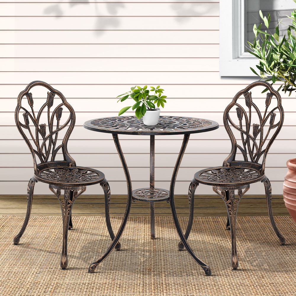 Marlook 3PC Outdoor Setting Bistro Set Chairs Table Cast Aluminum Patio Furniture Tulip Bronze