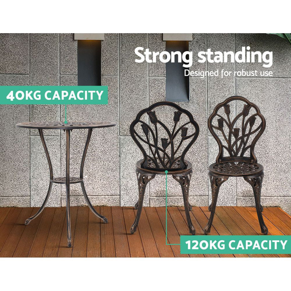 Marlook 3PC Outdoor Setting Bistro Set Chairs Table Cast Aluminum Patio Furniture Tulip Bronze