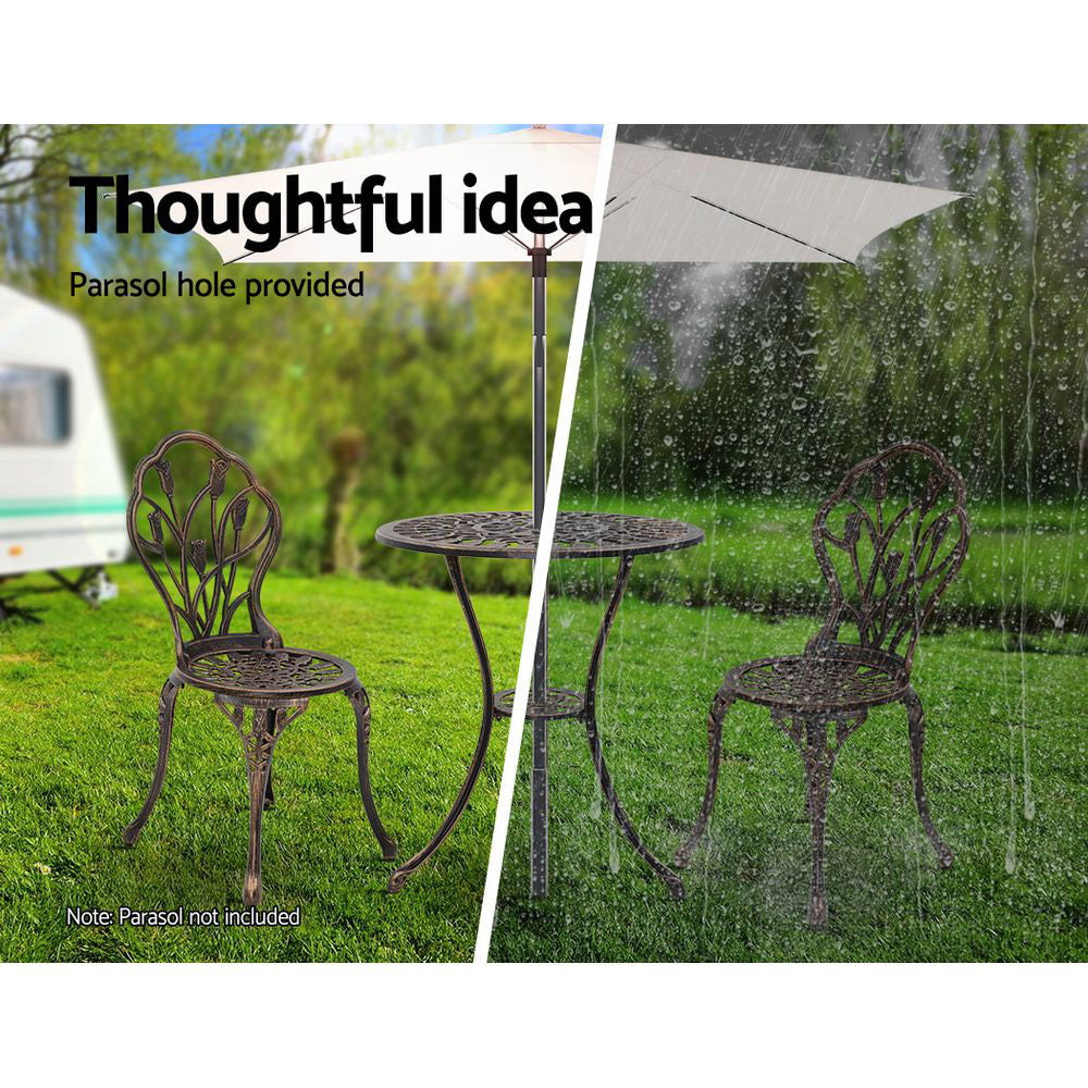 Marlook 3PC Outdoor Setting Bistro Set Chairs Table Cast Aluminum Patio Furniture Tulip Bronze