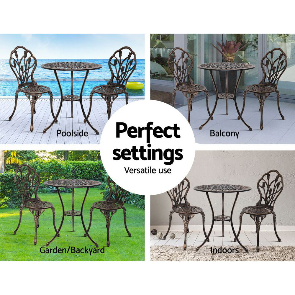 Marlook 3PC Outdoor Setting Bistro Set Chairs Table Cast Aluminum Patio Furniture Tulip Bronze