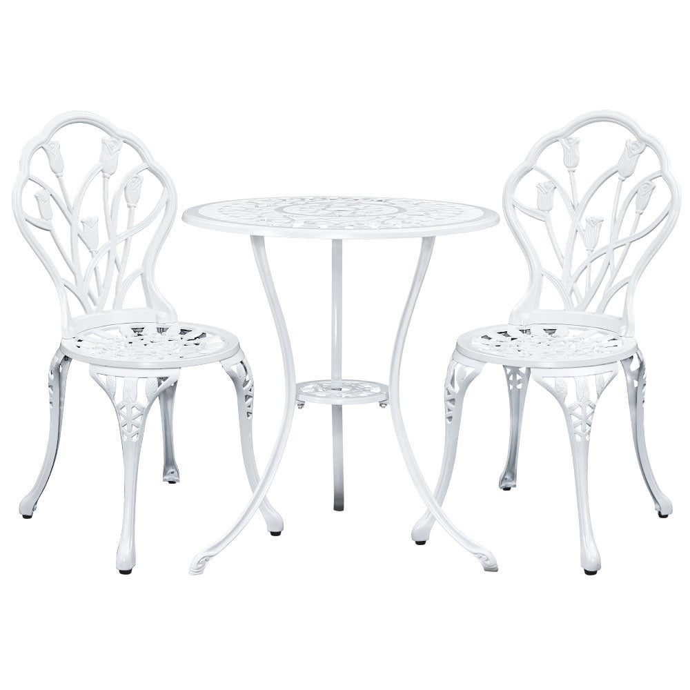 Marlook 3PC Outdoor Setting Bistro Set Chairs Table Cast Aluminum Patio Furniture Tulip White