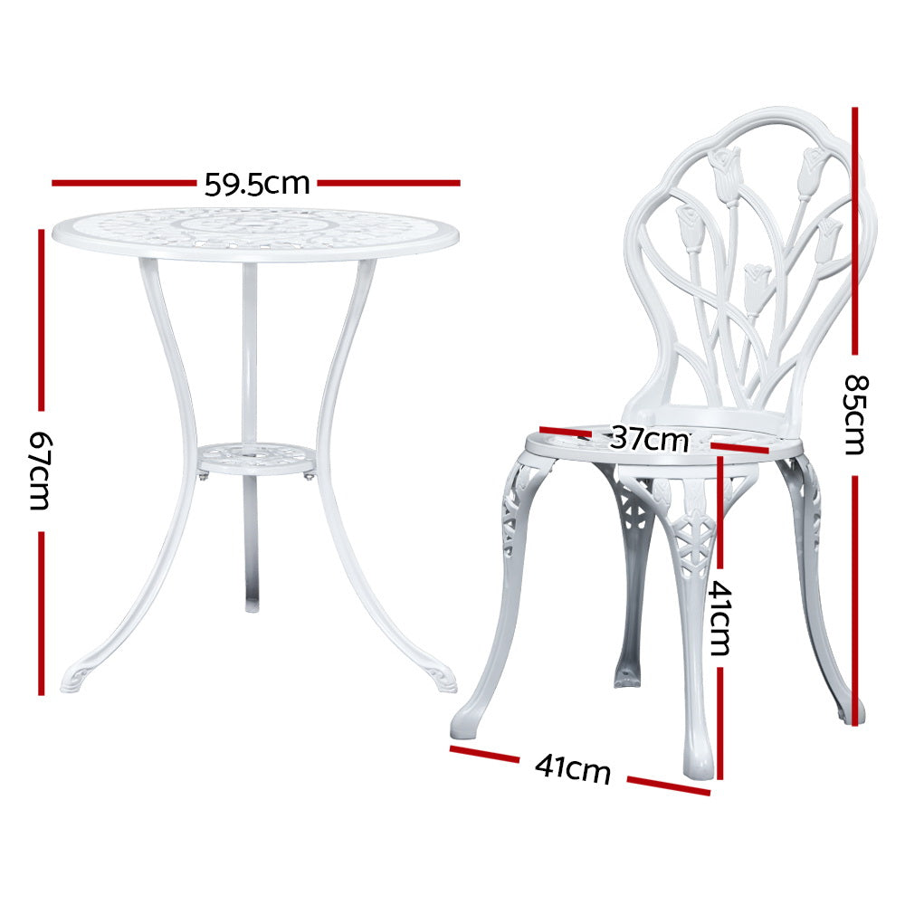 Marlook 3PC Outdoor Setting Bistro Set Chairs Table Cast Aluminum Patio Furniture Tulip White