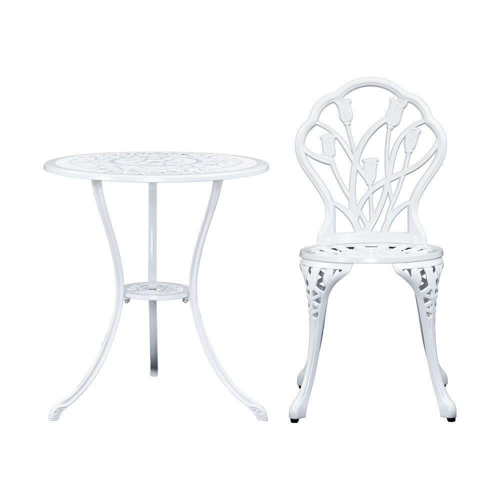 Marlook 3PC Outdoor Setting Bistro Set Chairs Table Cast Aluminum Patio Furniture Tulip White