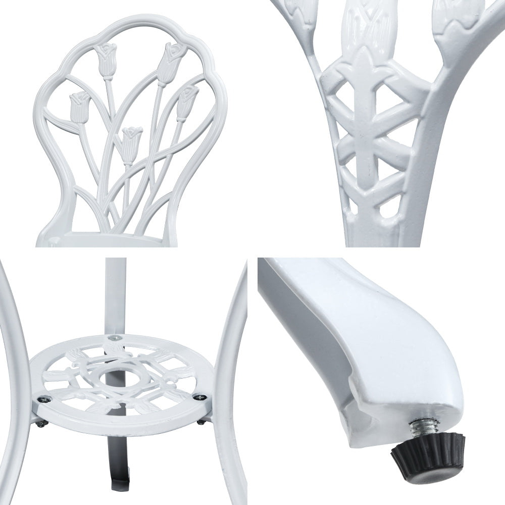 Marlook 3PC Outdoor Setting Bistro Set Chairs Table Cast Aluminum Patio Furniture Tulip White