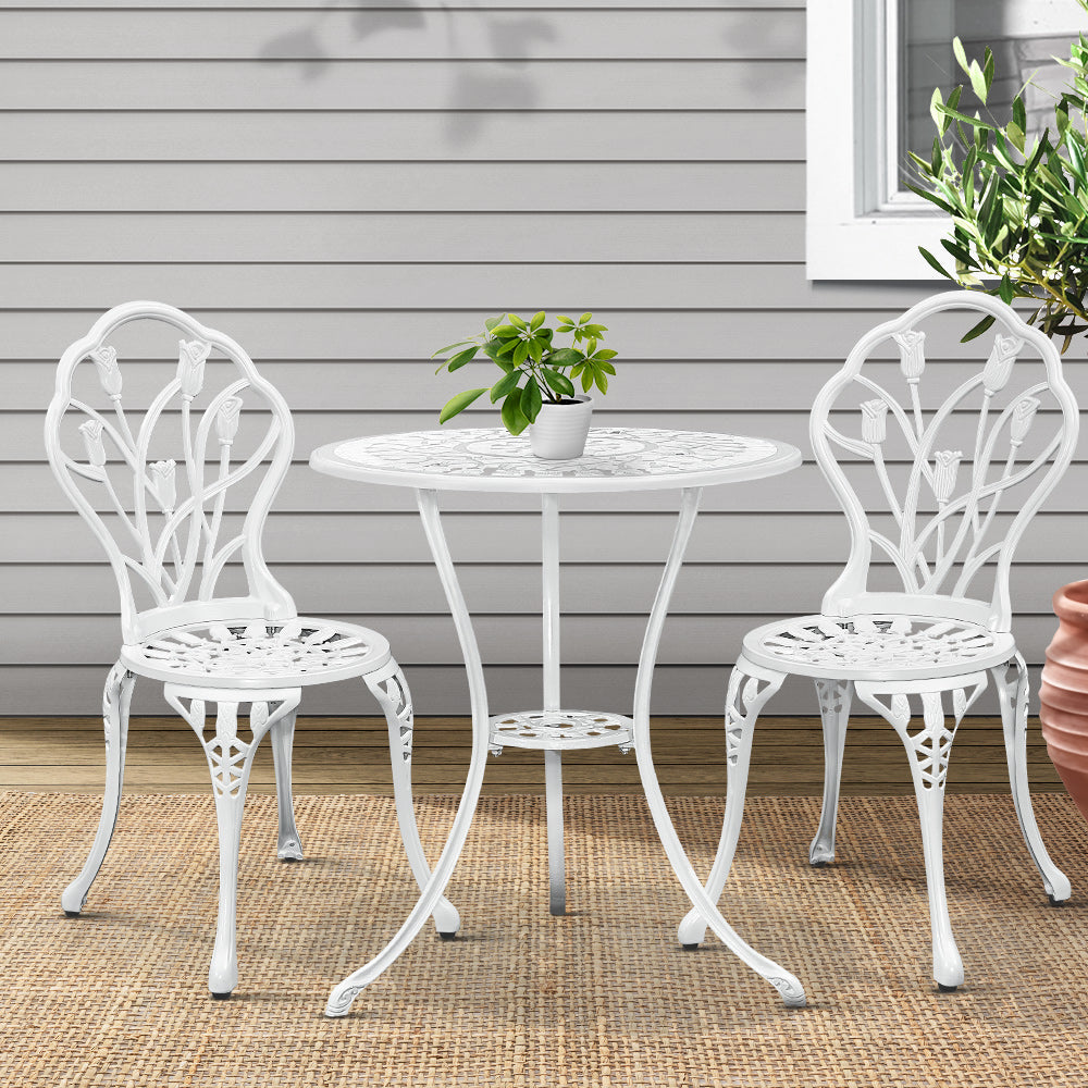 Marlook 3PC Outdoor Setting Bistro Set Chairs Table Cast Aluminum Patio Furniture Tulip White