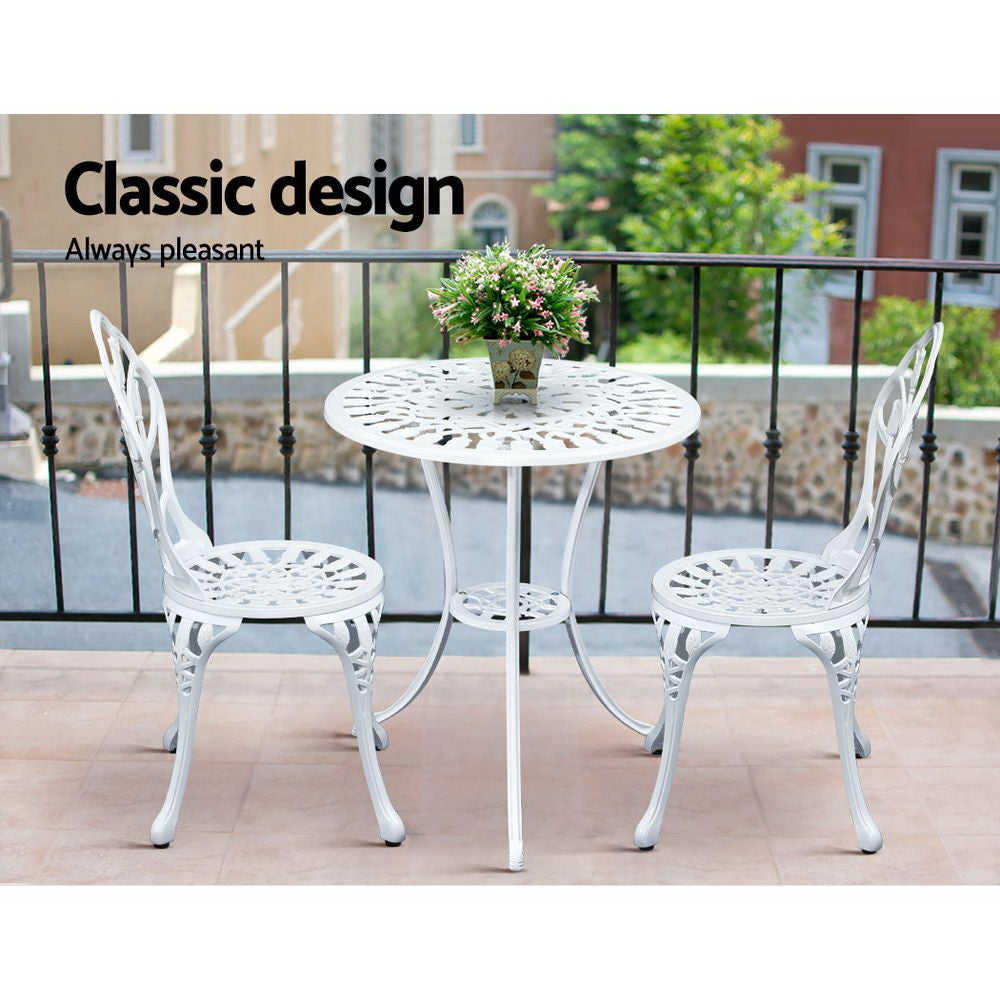 Marlook 3PC Outdoor Setting Bistro Set Chairs Table Cast Aluminum Patio Furniture Tulip White