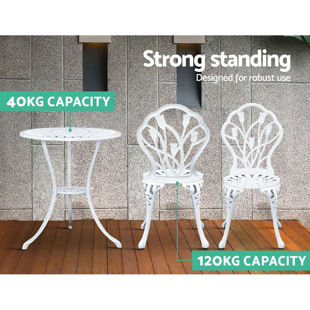 Marlook 3PC Outdoor Setting Bistro Set Chairs Table Cast Aluminum Patio Furniture Tulip White