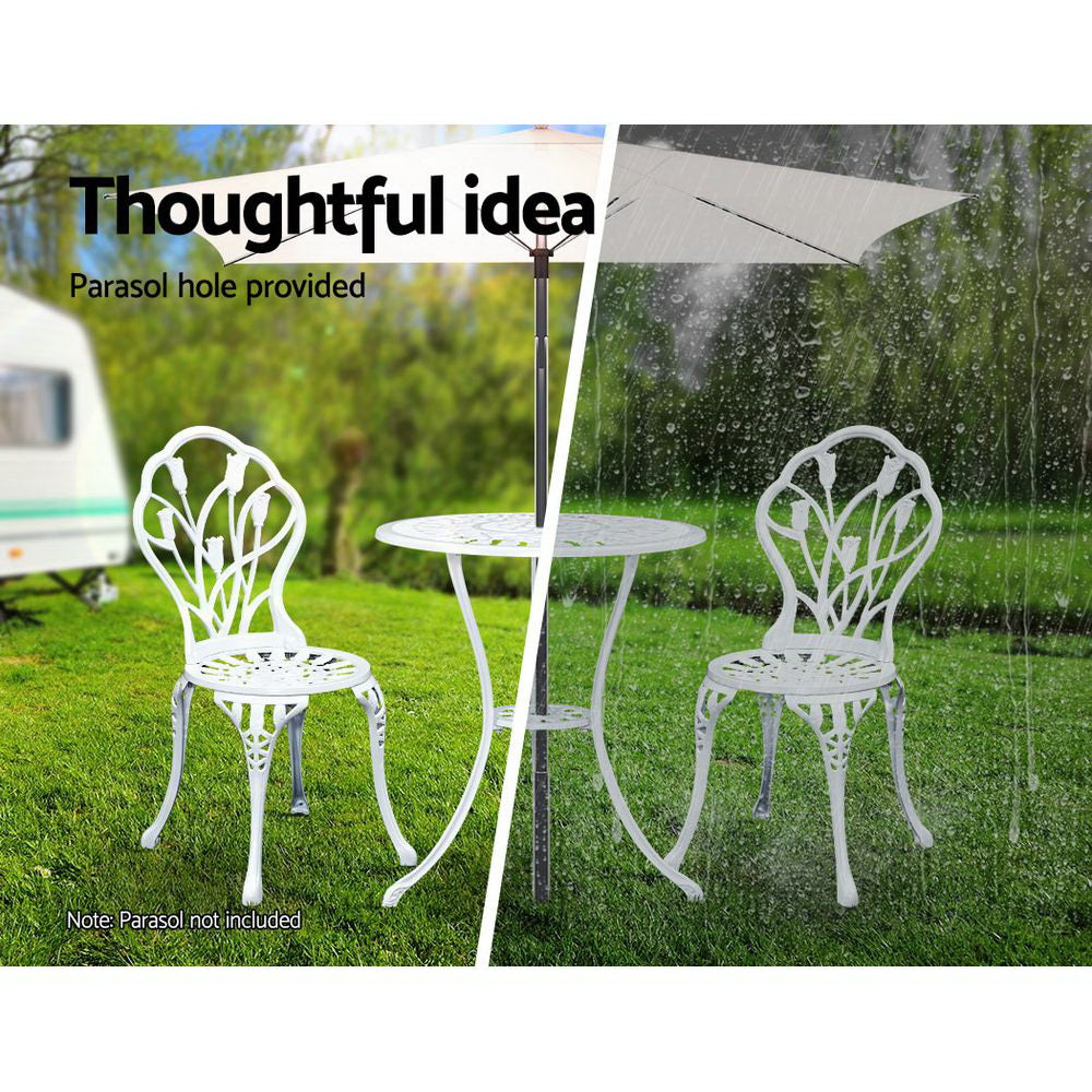 Marlook 3PC Outdoor Setting Bistro Set Chairs Table Cast Aluminum Patio Furniture Tulip White