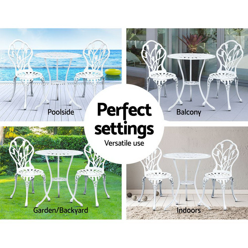 Marlook 3PC Outdoor Setting Bistro Set Chairs Table Cast Aluminum Patio Furniture Tulip White