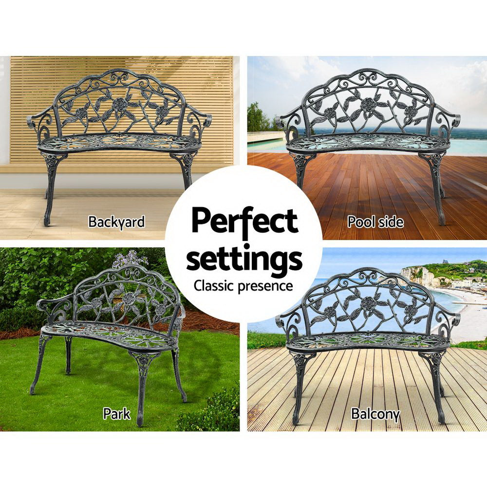 Marlook Outdoor Garden Bench Seat 100cm Cast Aluminium Patio Chair Vintage Green