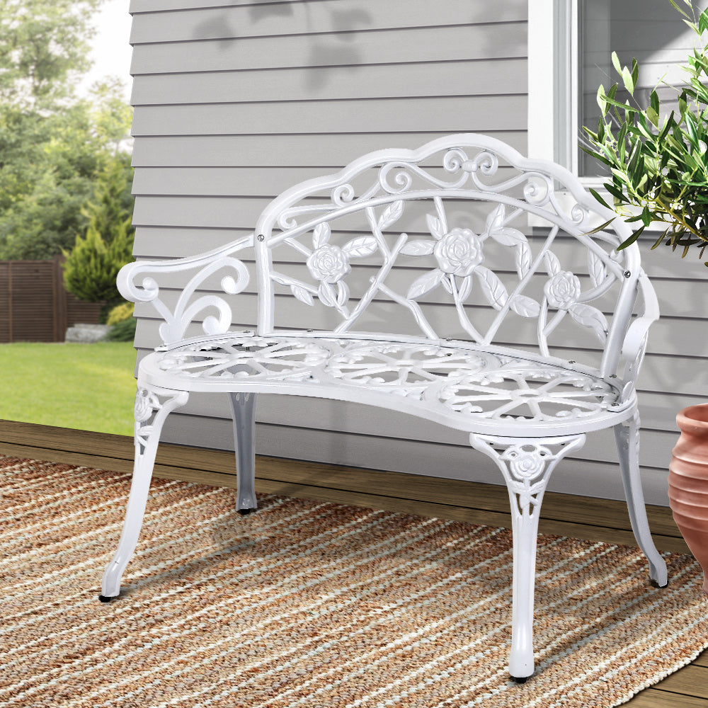 Marlook Outdoor Garden Bench Seat 100cm Cast Aluminium Outdoor Patio Chair Vintage White