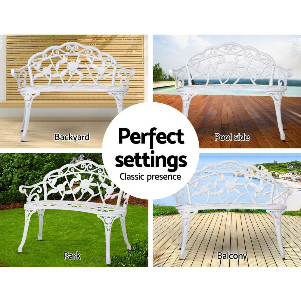 Marlook Outdoor Garden Bench Seat 100cm Cast Aluminium Outdoor Patio Chair Vintage White