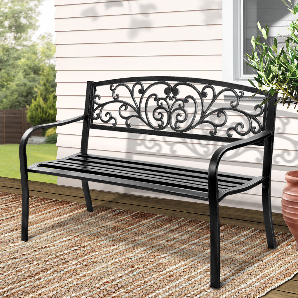Marlook Outdoor Garden Bench Seat Steel Outdoor Furniture 3 Seater Park Black