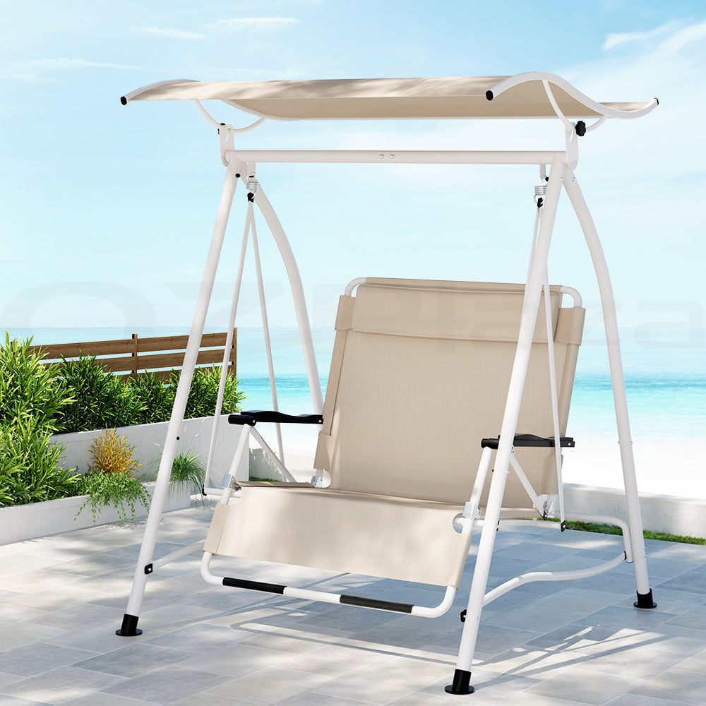 Marlook Outdoor Swing Chair Garden Lounger 2 Seater Canopy Patio Furniture Beige