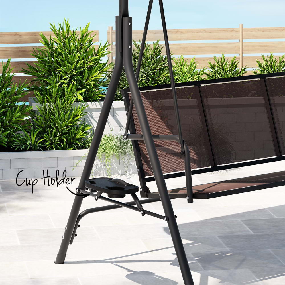 Marlook Outdoor Swing Chair Garden Furniture Canopy Cup Holder 3 Seater Brown