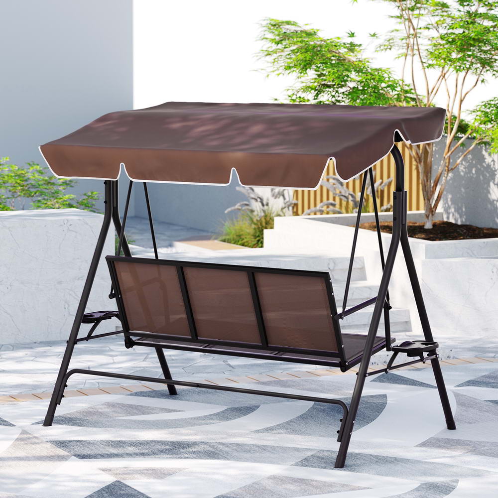 Marlook Outdoor Swing Chair Garden Furniture Canopy Cup Holder 3 Seater Brown