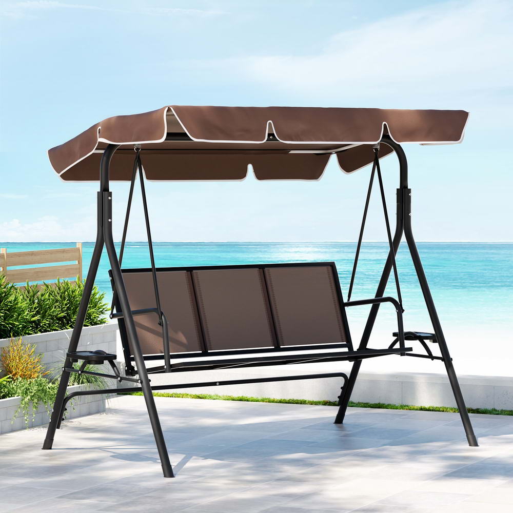 Marlook Outdoor Swing Chair Garden Furniture Canopy Cup Holder 3 Seater Brown