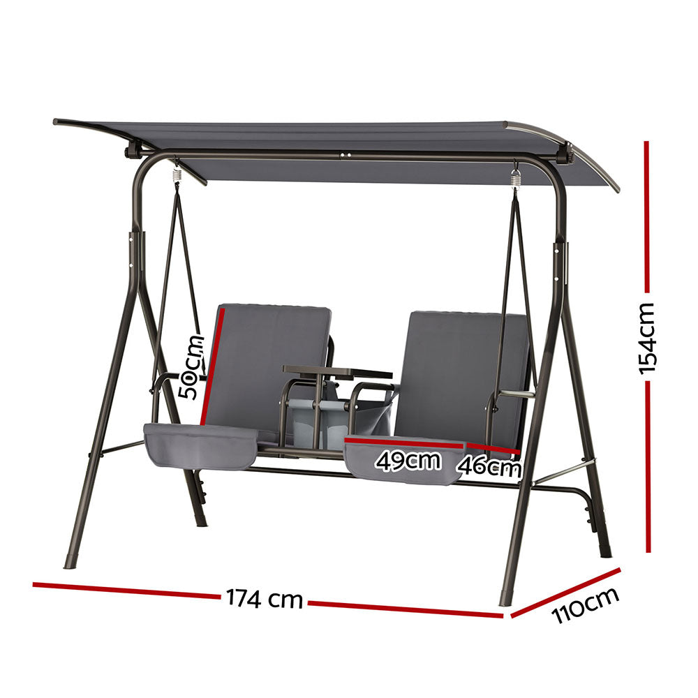 Marlook Outdoor Swing Chair Garden Furniture Canopy Cup Holder 2 Seater Grey