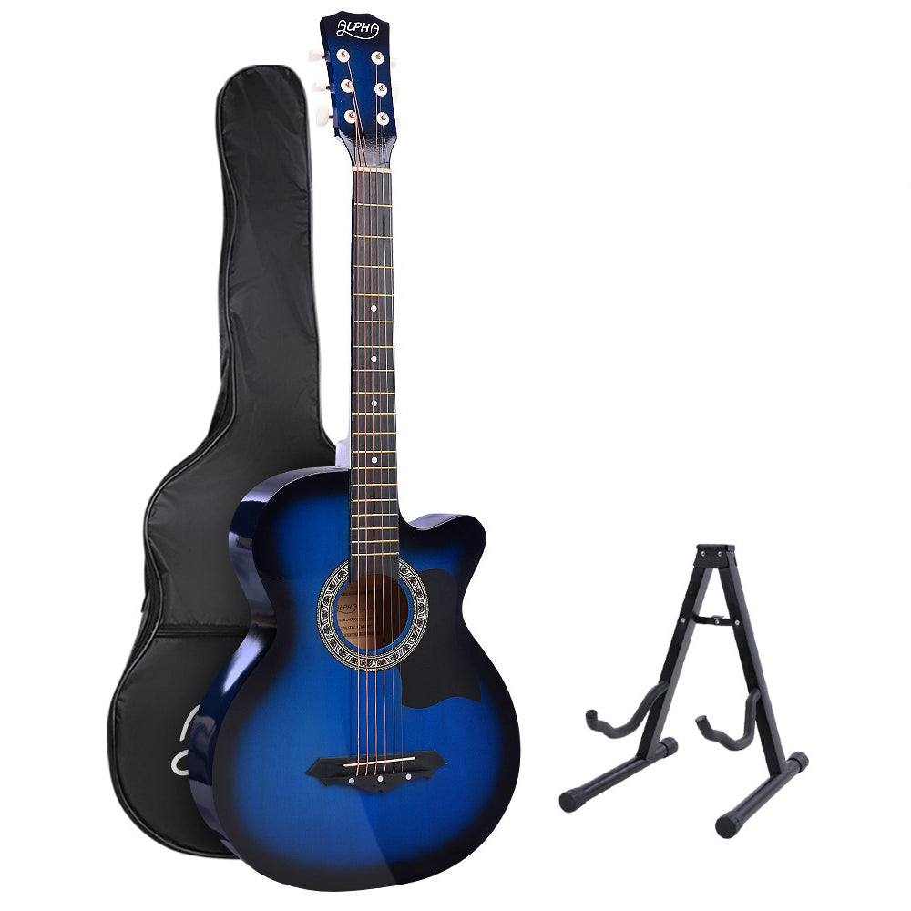 Marlook 38 Inch Acoustic Guitar Wooden Body Steel String Full Size w/ Stand Blue
