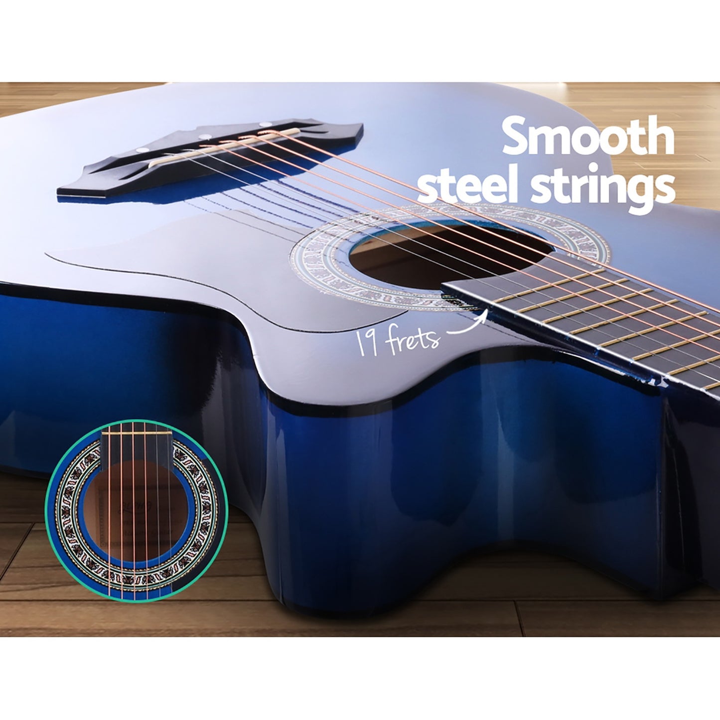 Marlook 38 Inch Acoustic Guitar Wooden Body Steel String Full Size w/ Stand Blue