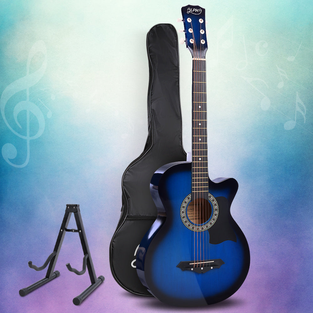 Marlook 38 Inch Acoustic Guitar Wooden Body Steel String Full Size w/ Stand Blue