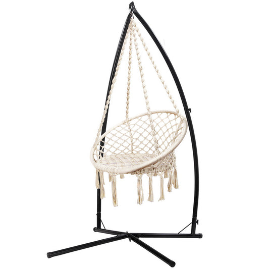 Marlook Hammock Chair with Steel Stand Macrame Outdoor Swinging Cream