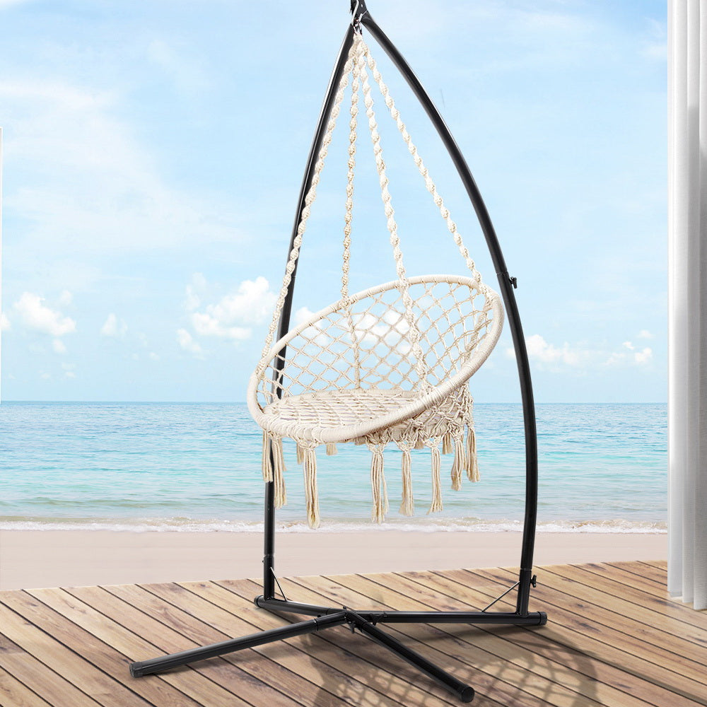 Marlook Hammock Chair with Steel Stand Macrame Outdoor Swinging Cream