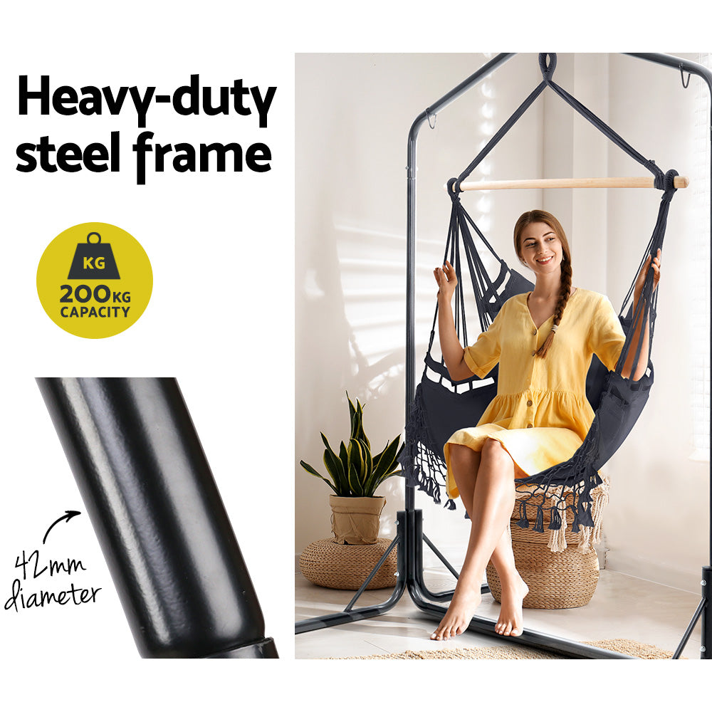 Marlook Outdoor Hammock Chair with Stand Tassel Hanging Rope Hammocks Grey
