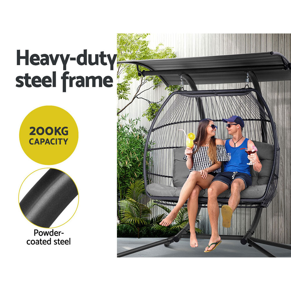 Marlook Outdoor Egg Swing Chair Wicker Furniture Pod Stand Canopy 2 Seater Grey
