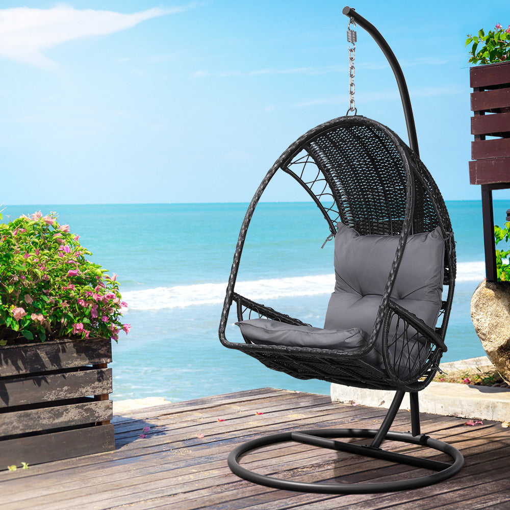 Marlook Outdoor Egg Swing Chair Wicker Furniture Pod Stand Armrest Black
