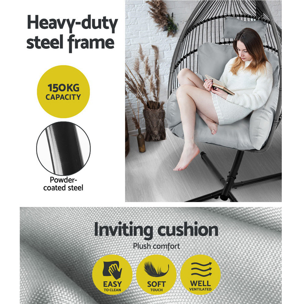 Marlook Outdoor Egg Swing Chair Wicker Rope Furniture Pod Stand Cushion Grey
