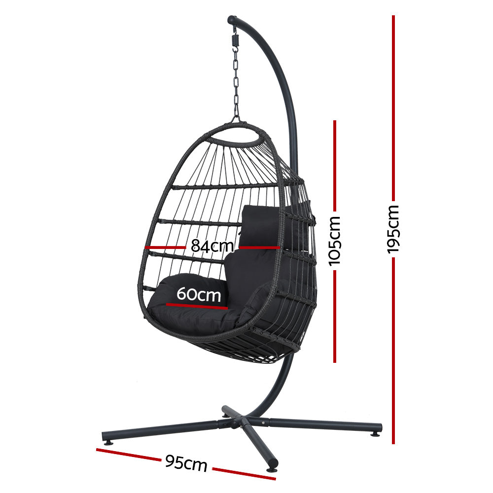 Marlook Outdoor Egg Swing Chair Wicker Rope Furniture Pod Stand Foldable Grey