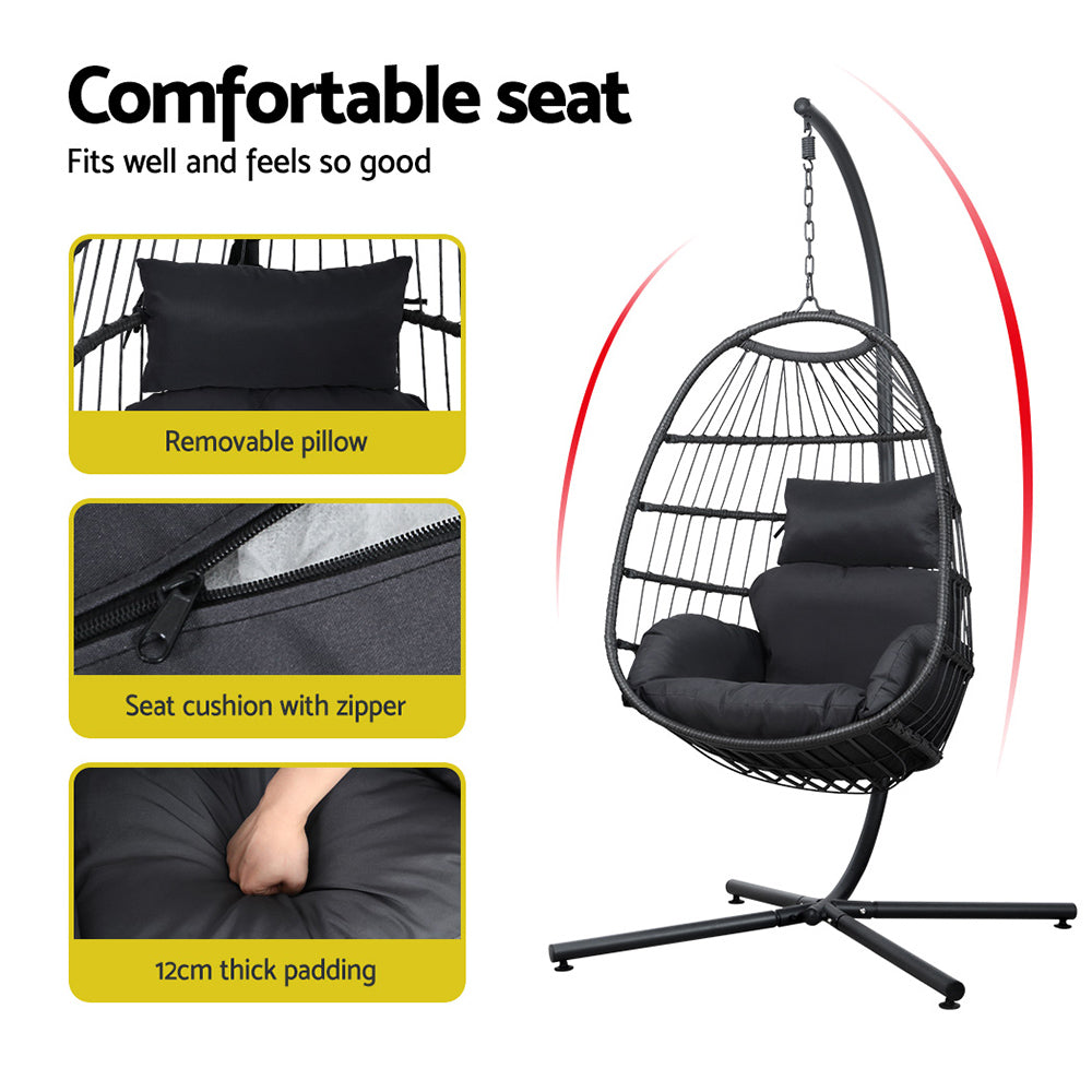 Marlook Outdoor Egg Swing Chair Wicker Rope Furniture Pod Stand Foldable Grey