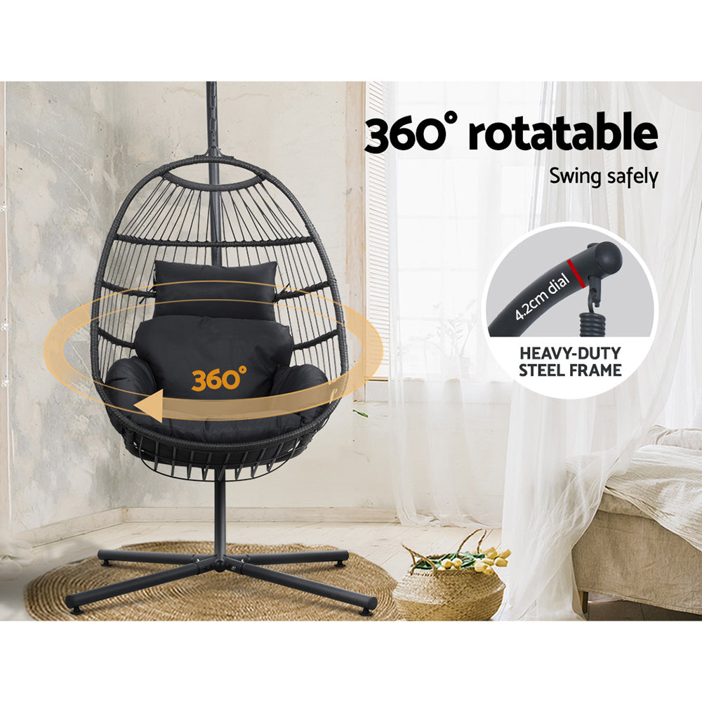 Marlook Outdoor Egg Swing Chair Wicker Rope Furniture Pod Stand Foldable Grey