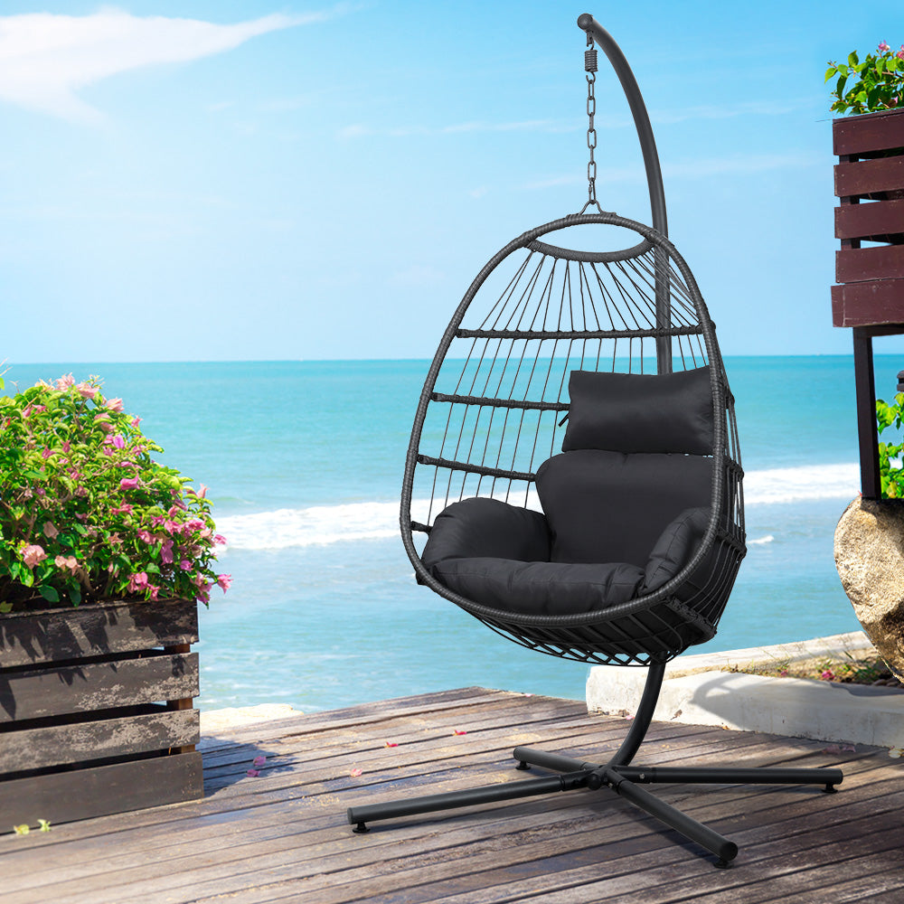 Marlook Outdoor Egg Swing Chair Wicker Rope Furniture Pod Stand Foldable Grey