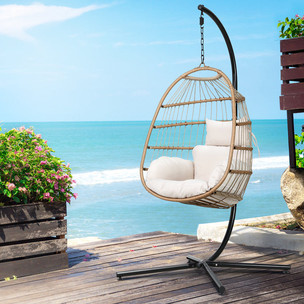 Marlook Outdoor Egg Swing Chair Wicker Rope Furniture Pod Stand Foldable Yellow