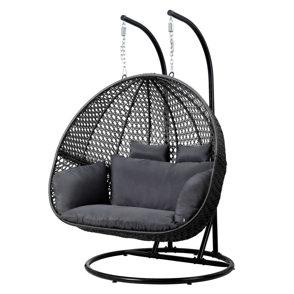 Marlook Outdoor Egg Swing Chair Hanging Pod Chair Wicker Cushion 2 Person Grey