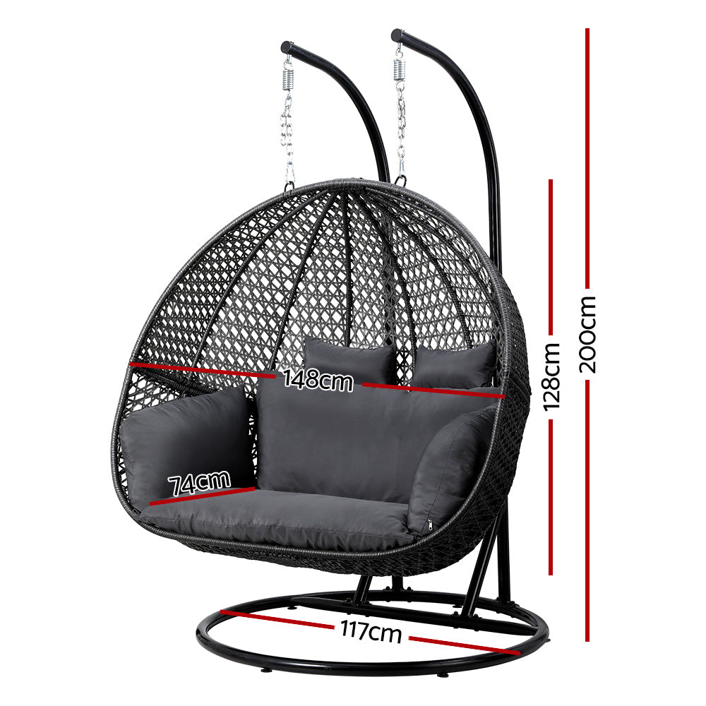 Marlook Outdoor Egg Swing Chair Hanging Pod Chair Wicker Cushion 2 Person Grey