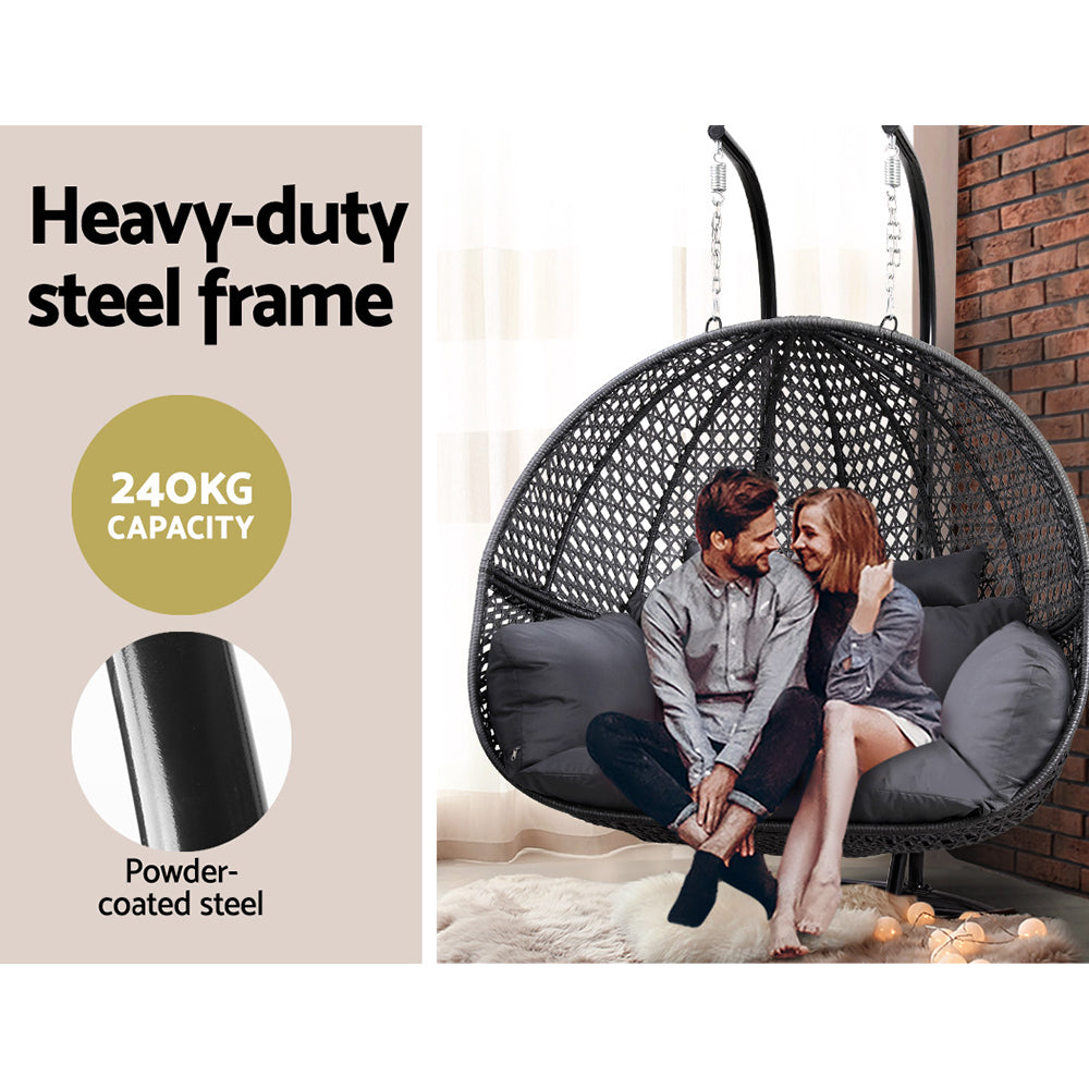 Marlook Outdoor Egg Swing Chair Hanging Pod Chair Wicker Cushion 2 Person Grey
